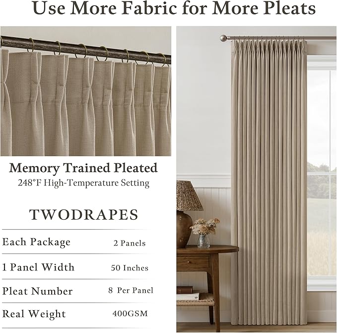108 Inch Camel Tan Pleated Linen Light Filtering Country Curtains 50WxL108 | - Image 5