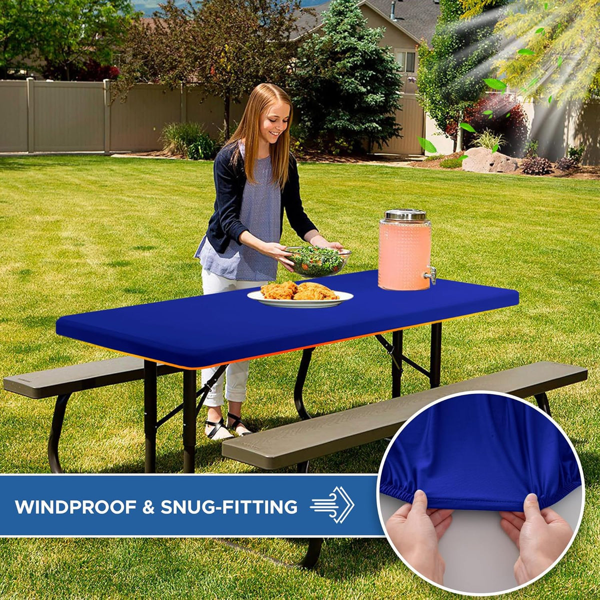 Fitted Tablecloth for 8 Foot Rectangle-2 Pack Royal Blue Elastic Outdoor Picnic Table Cover-Spandex Stretch Folding Table Cloths 8ft for Camping Dining Room Patio Kitchen Banquet Party