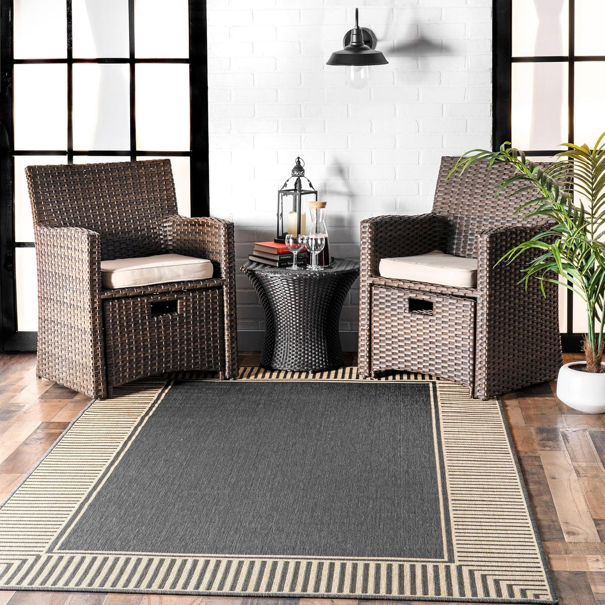 nuLOOM 4' x 6' Outdoor Area Rug, Casual Design With Striped Border, Stain Resistant, Highly Durable, For Patio, Balcony, Bedroom, Living Room, Dining Room, Bathroom, Dark Grey