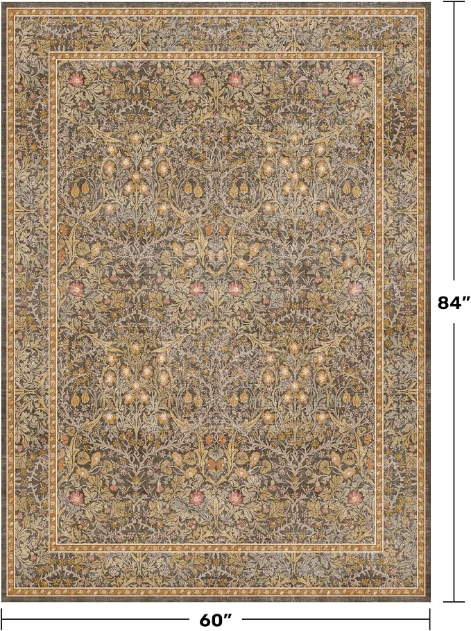 Gold Brown Floral Living Room Rug 5x7 - Image 2
