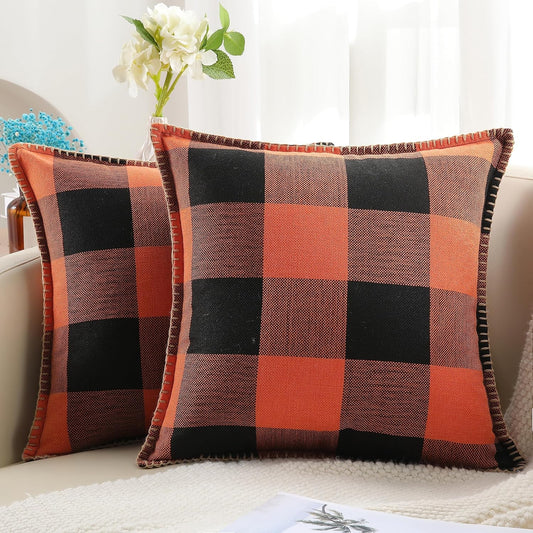 decorUhome Fall Orange and Black Decorative Throw Pillow Covers 22x22 Set of 2, Buffalo Plaid Check Farmhouse Cushion Covers with Stitched Edge for Autumn Harvest Couch Sofa Bed Home Decor