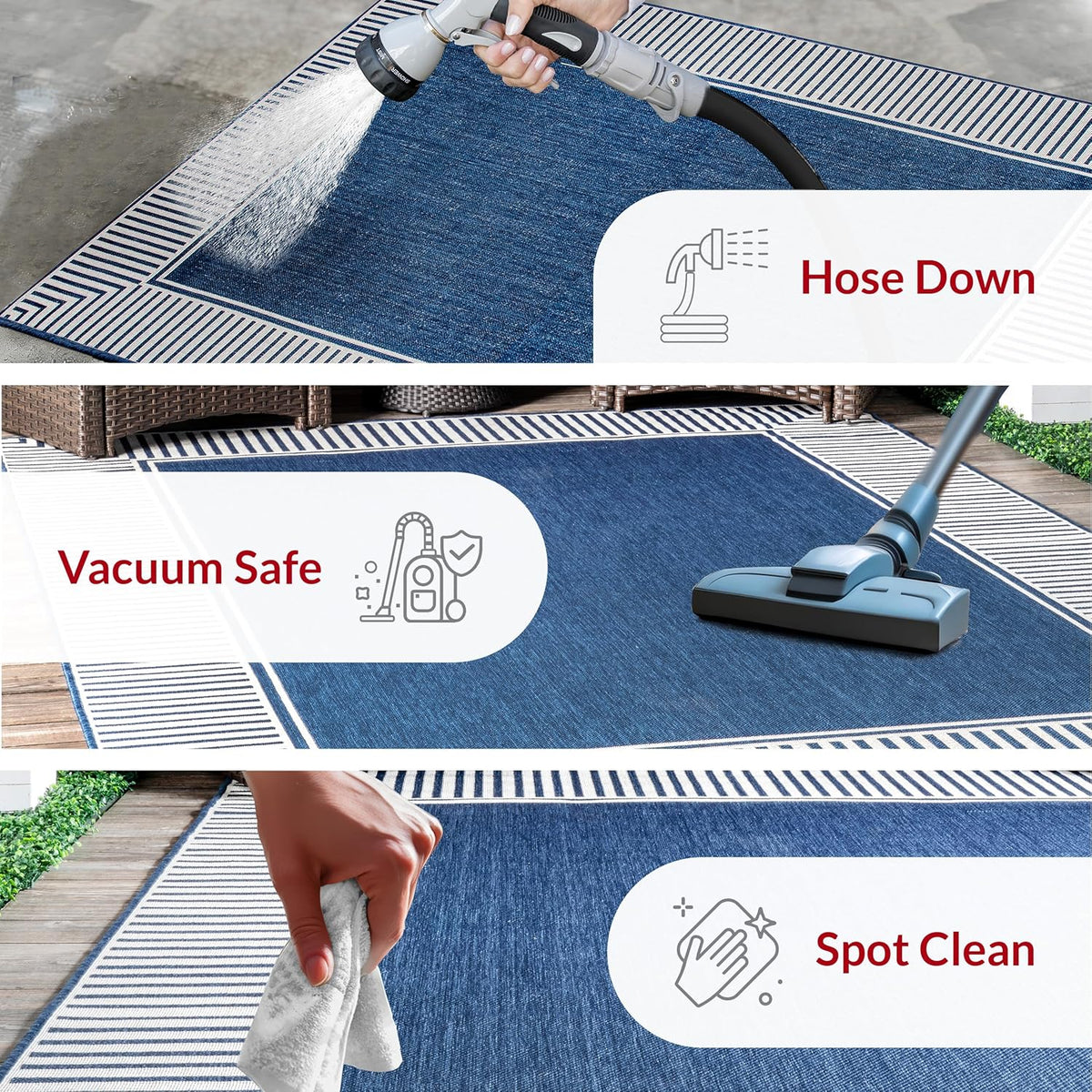 nuLOOM 2' x 8' Outdoor Area Rug, Casual Design With Striped Border, Stain Resistant, Highly Durable, For Patio, Balcony, Bedroom, Living Room, Dining Room, Bathroom, Navy