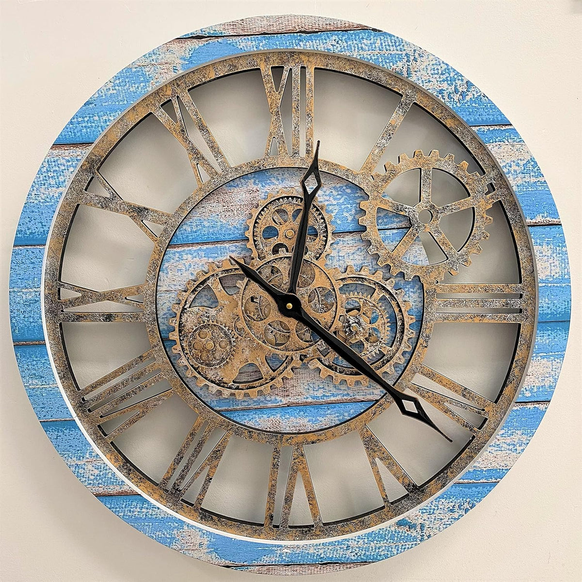 The Gears Clock The Original Real Moving Gear Wall Clock Vintage Industrial Oversized Rustic Farmhouse (24 inch (60cm), Vintage Ocean Blue and Bronze)