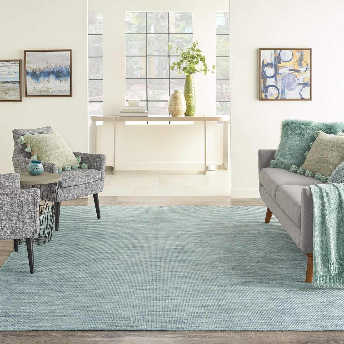 Nourison Positano Indoor/Outdoor Aqua 8' x Round Area Rug, Easy Cleaning, Non Shedding, Bed Room, Living Room, Dining Room, Backyard, Deck, Patio (8 Round)
