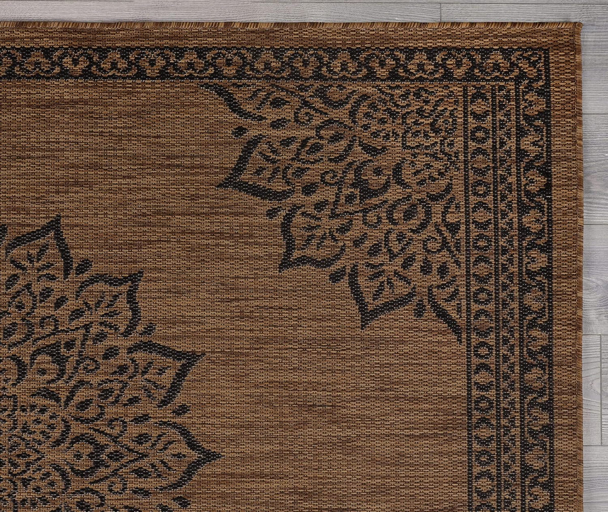 CAMILSON Outdoor Rug, 5x7 Medallion Nut Brown Black Modern Area Rugs for Indoor and Outdoor Patios, Kitchen and Hallway Mats, Washable Porch Deck Outside Carpet (Medallion Nut Brown Black, 5 x 7)