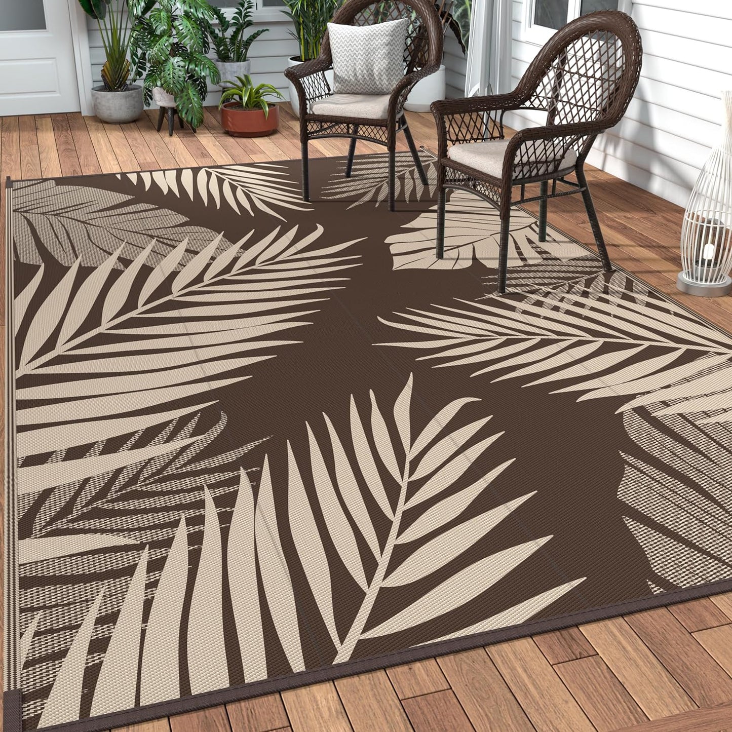 GENIMO Outdoor Rug 8' x 10' Waterproof for Patios Clearance, Reversible Outdoor Plastic Straw Camping Rug Carpet, Large Area Rugs Mats for RV, Camper, Deck, Balcony, Porch, Beach, Picnic, Coffee&Beige