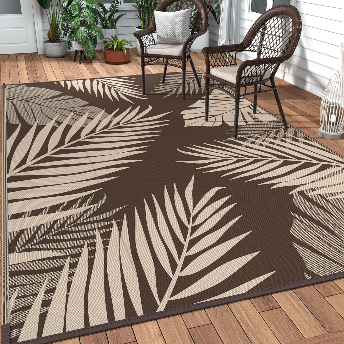 GENIMO Outdoor Rug 6' x 9' Waterproof for Patios Clearance, Reversible Outdoor Plastic Straw Camping Rug Carpet, Large Area Rugs Mats for RV, Camper, Deck, Balcony, Porch, Beach, Picnic, Coffee&Beige